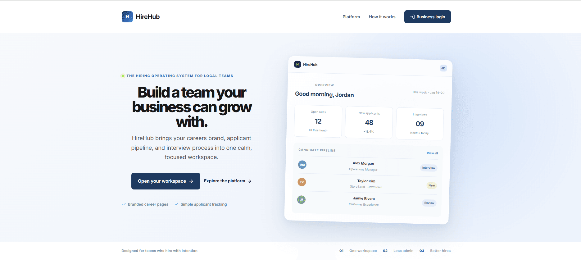 HireHub homepage with a branded hero section, workspace call to action, and a preview of the hiring overview and candidate pipeline